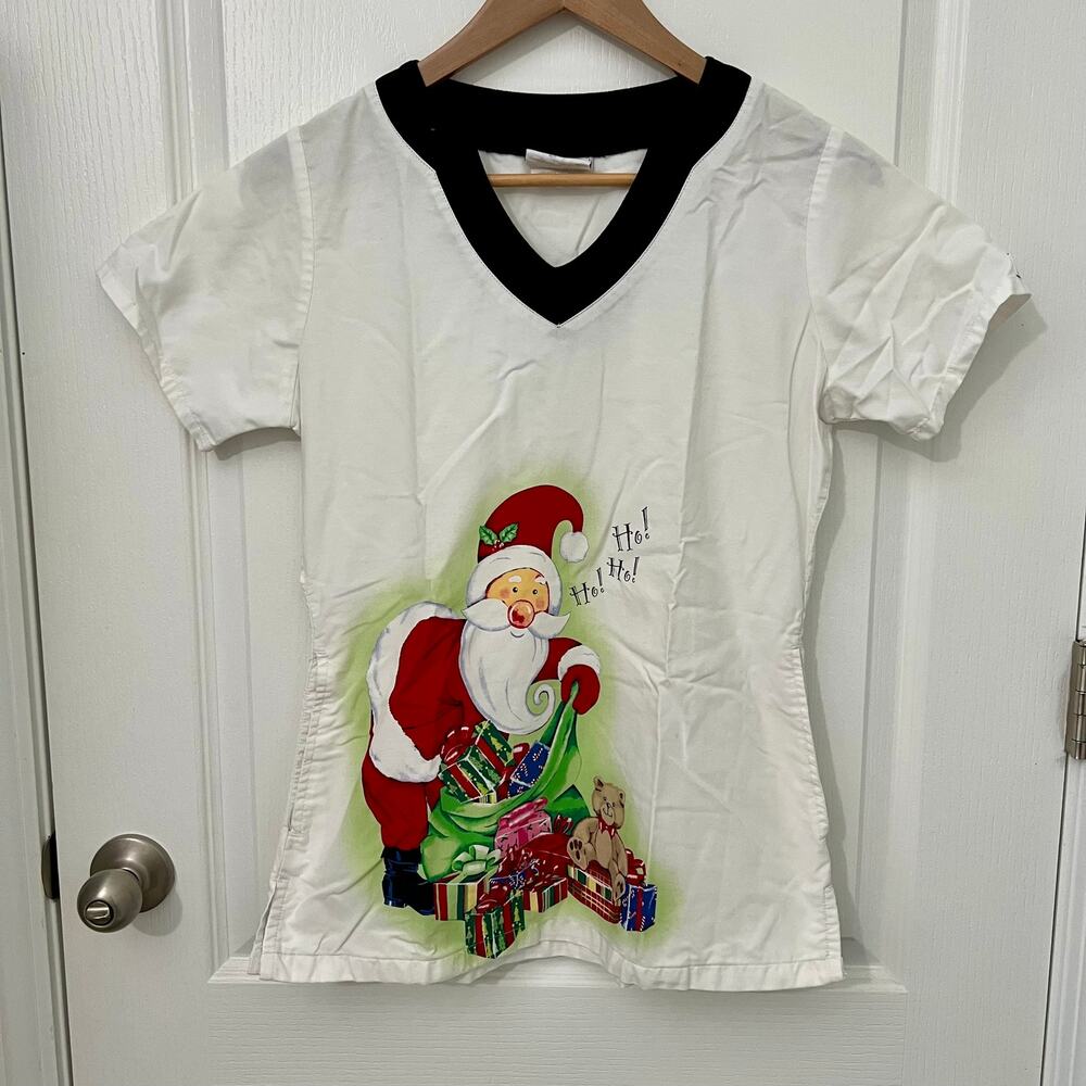 Uniform Advantage UA Scrubs | Christmas Santa's Gift Pocket Top | White | Small